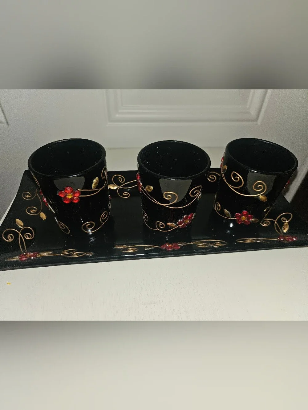 Black Glass Floral Candle Garden 4-Piece Set - New